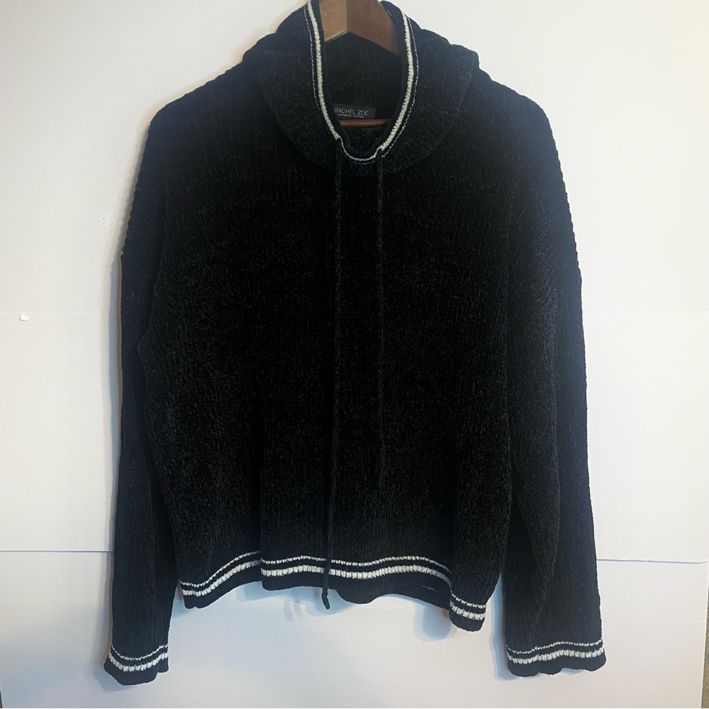 Rachel Zoe Soft Black Chenille Sweater with White Accents and Cowl Neck Tie
